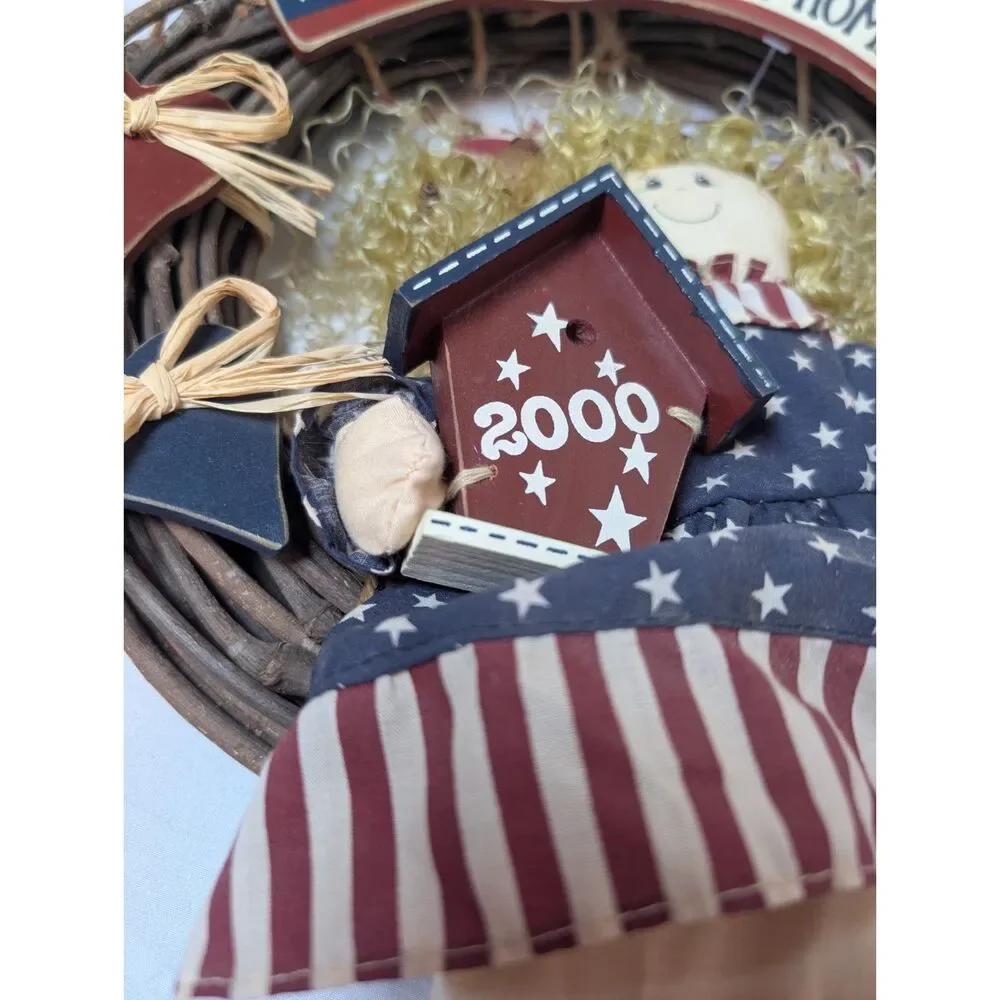 Vintage Millennium 2000 Americana Rag Doll Grapevine Home Sweet Home Wreath USA